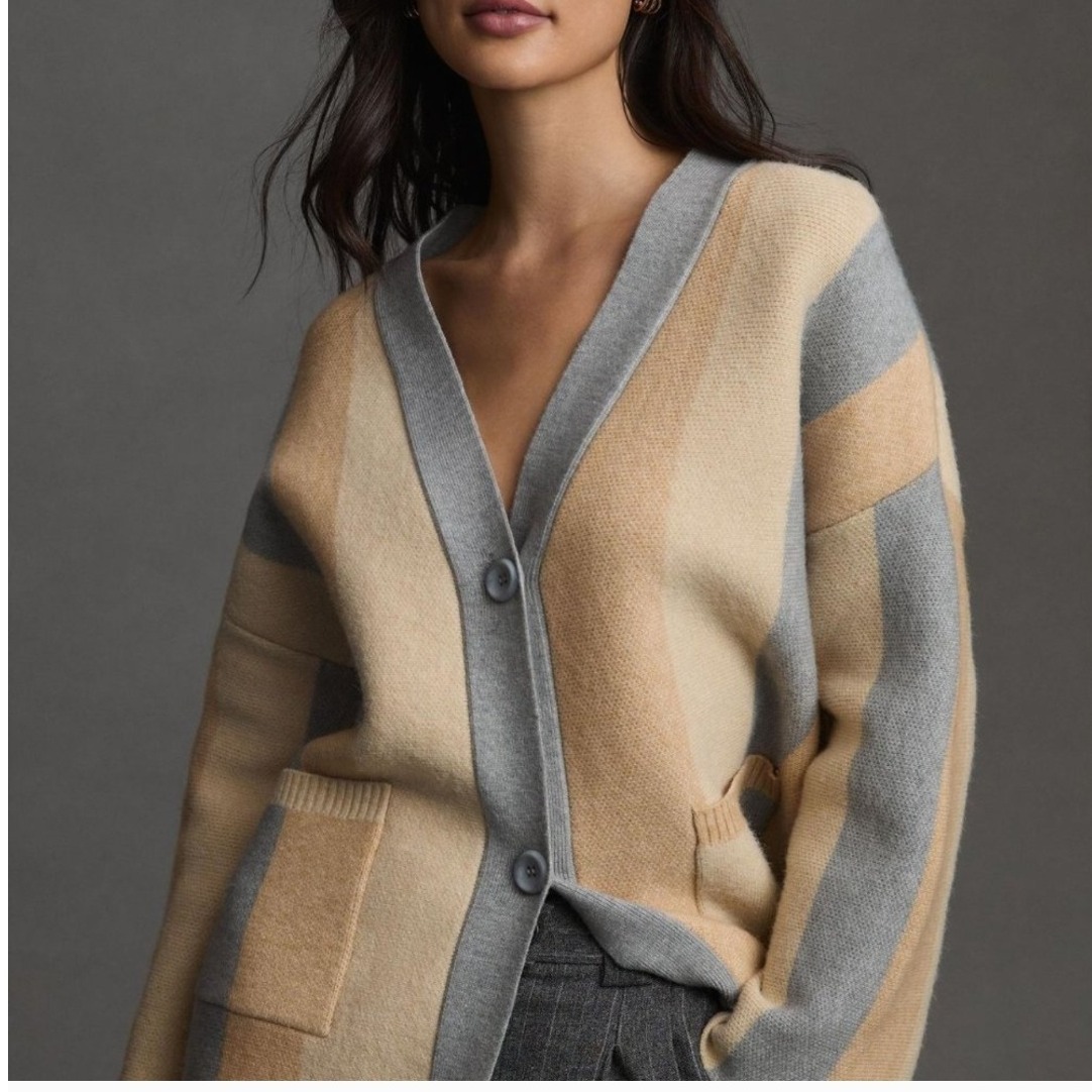 Oat New York Striped Knit Cardigan Sweater Pockets Cream Gray Women's Large